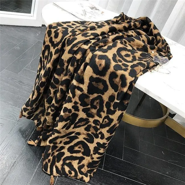 Chic Leopard Print Tassel Viscose Wrap