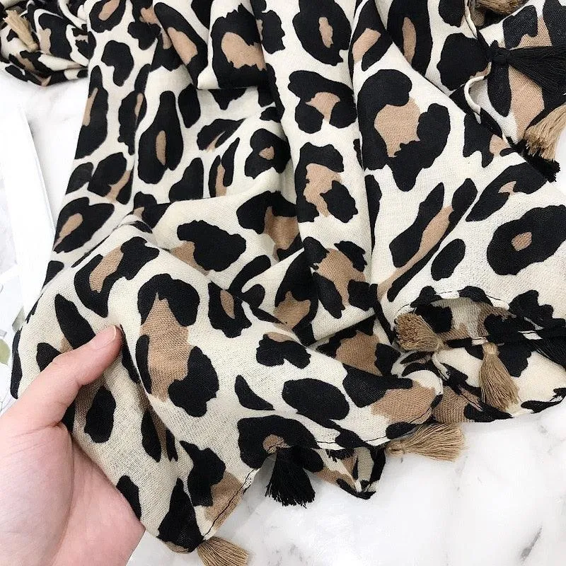 Chic Leopard Print Tassel Viscose Wrap