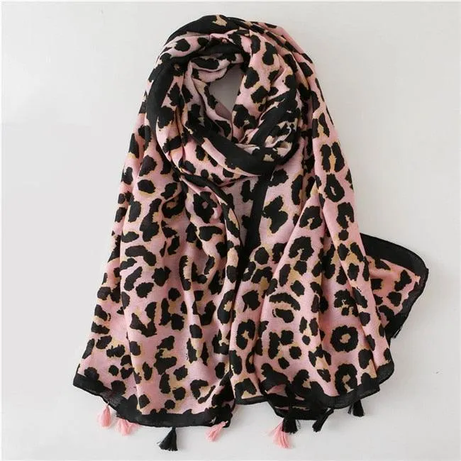 Chic Leopard Print Tassel Viscose Wrap