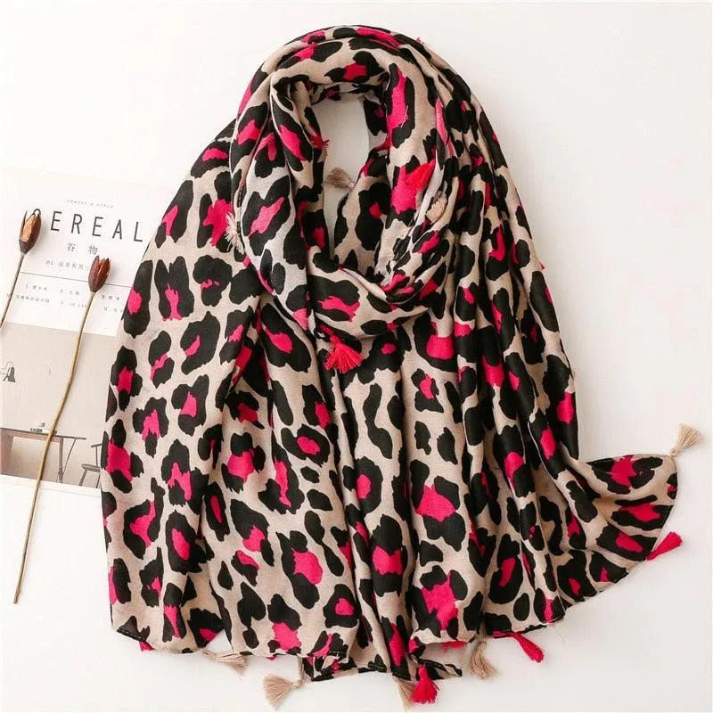 Chic Leopard Print Tassel Viscose Wrap