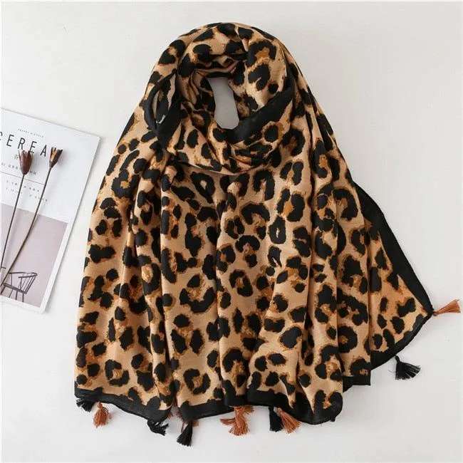 Chic Leopard Print Tassel Viscose Wrap