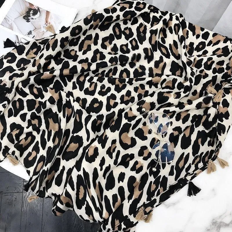 Chic Leopard Print Tassel Viscose Wrap