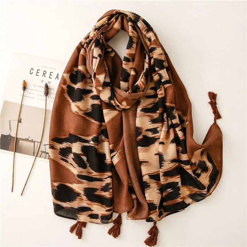 Chic Leopard Print Tassel Viscose Wrap