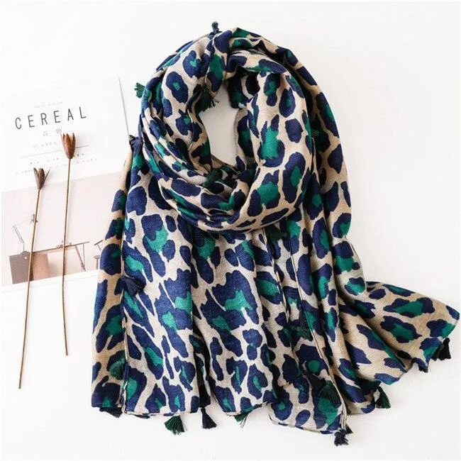 Chic Leopard Print Tassel Viscose Wrap