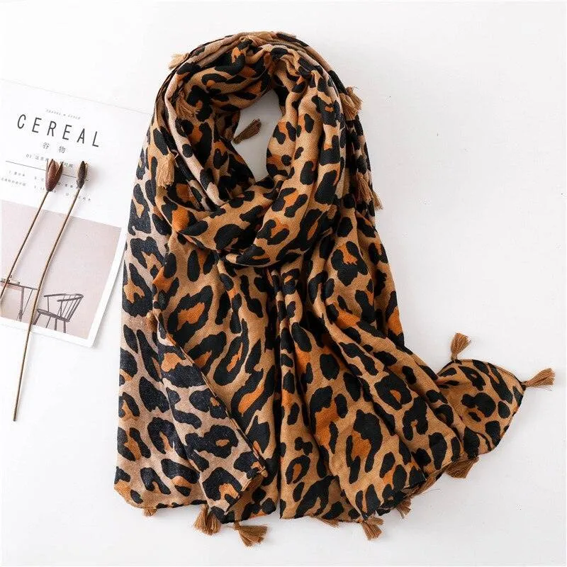 Chic Leopard Print Tassel Viscose Wrap