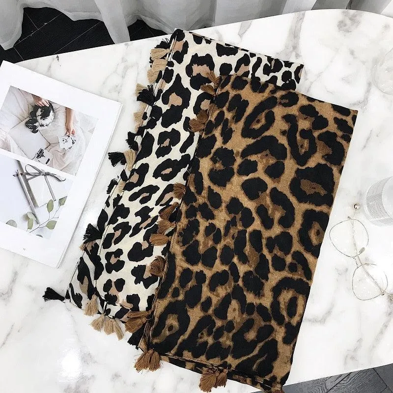 Chic Leopard Print Tassel Viscose Wrap