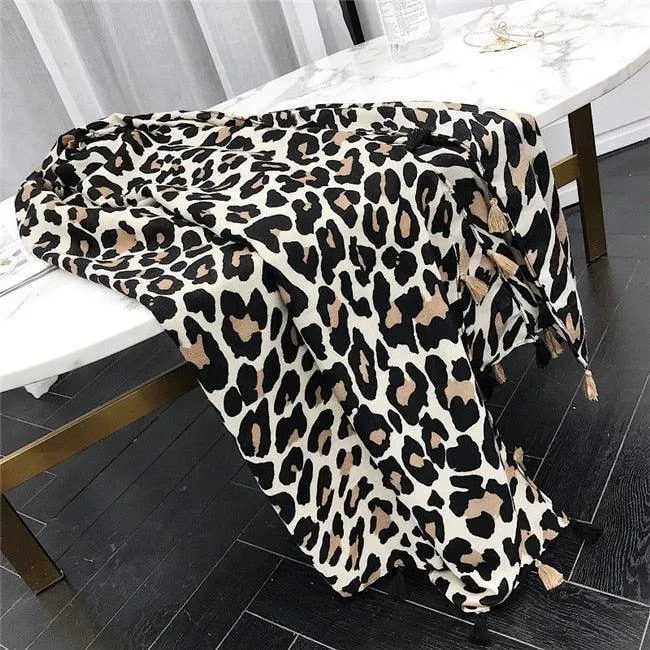 Chic Leopard Print Tassel Viscose Wrap