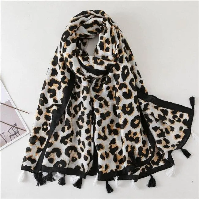 Chic Leopard Print Tassel Viscose Wrap