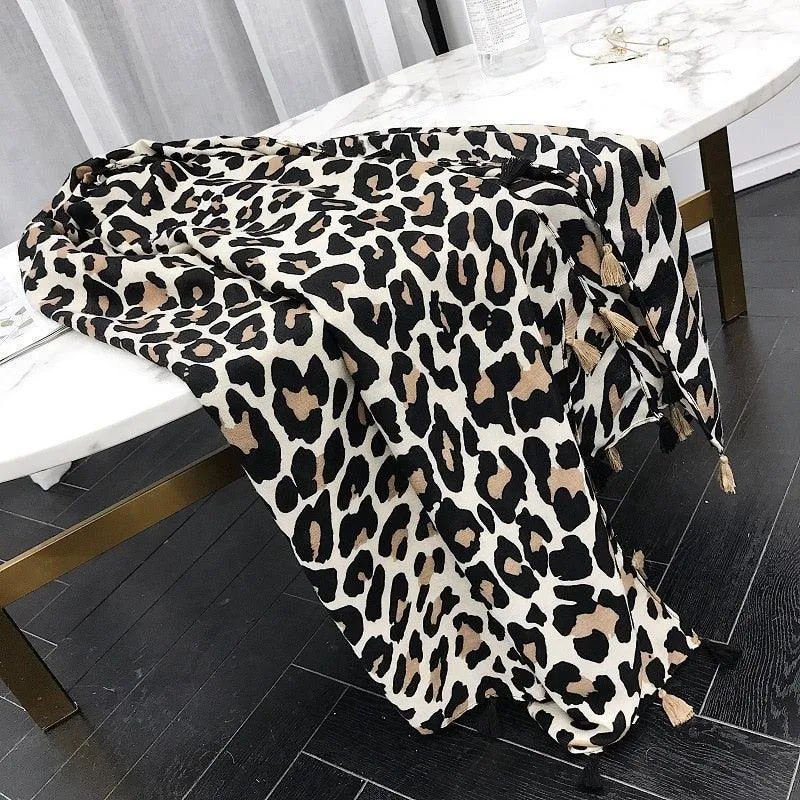 Chic Leopard Print Tassel Viscose Wrap