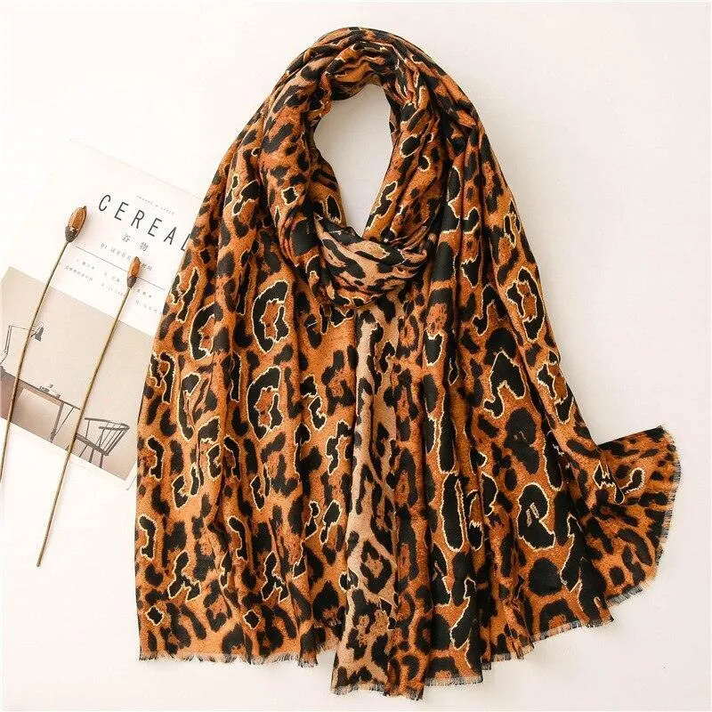 Chic Leopard Print Tassel Viscose Wrap