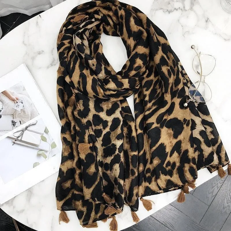 Chic Leopard Print Tassel Viscose Wrap