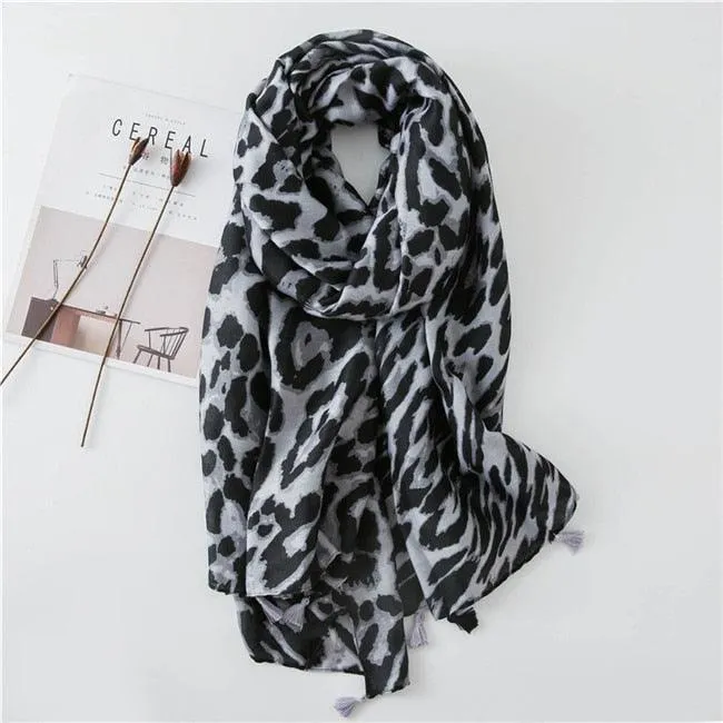 Chic Leopard Print Tassel Viscose Wrap