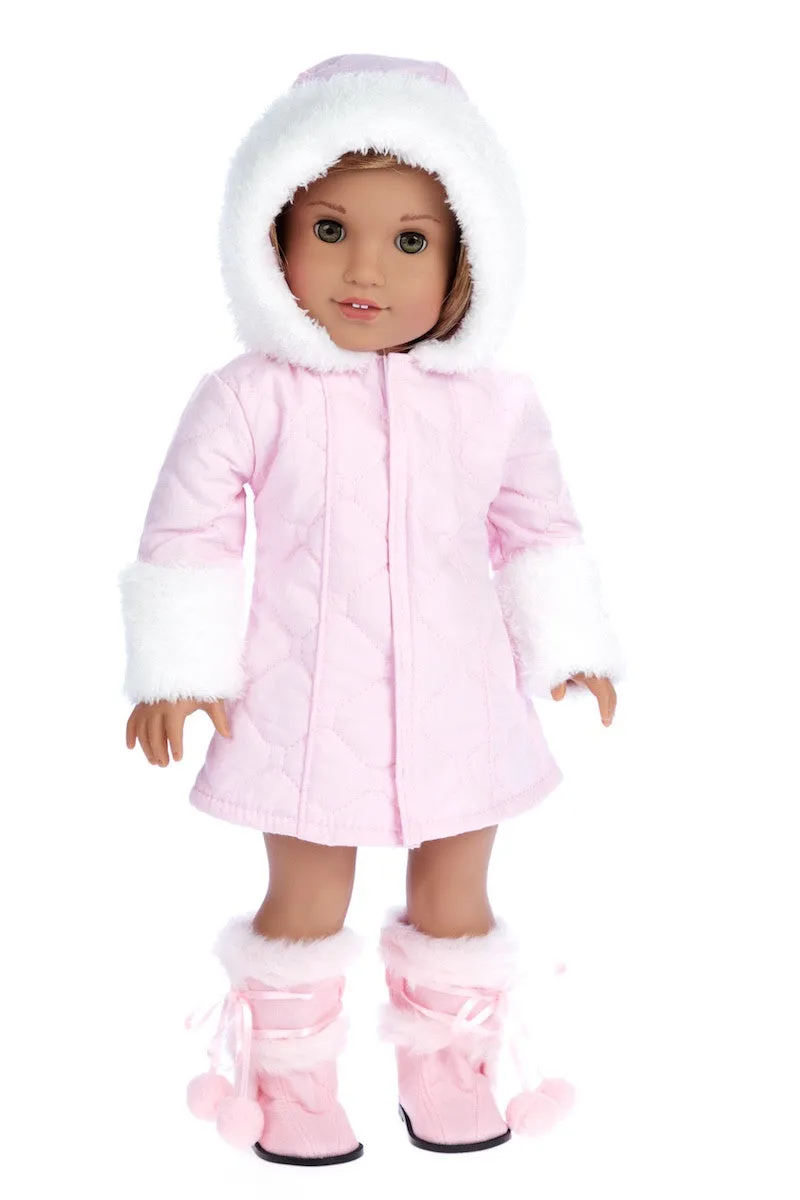 Cotton Candy - Clothes for 18 inch Doll - Pink Parka with Hood, Short Ivory Dress and Pink Boots