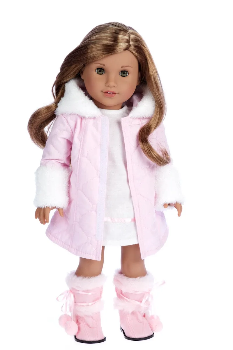 Cotton Candy - Clothes for 18 inch Doll - Pink Parka with Hood, Short Ivory Dress and Pink Boots