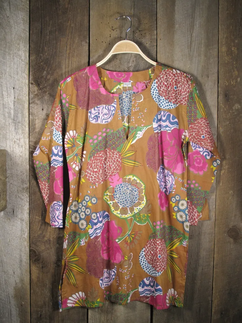 Cotton Tunic Top Pink Mums on Tan