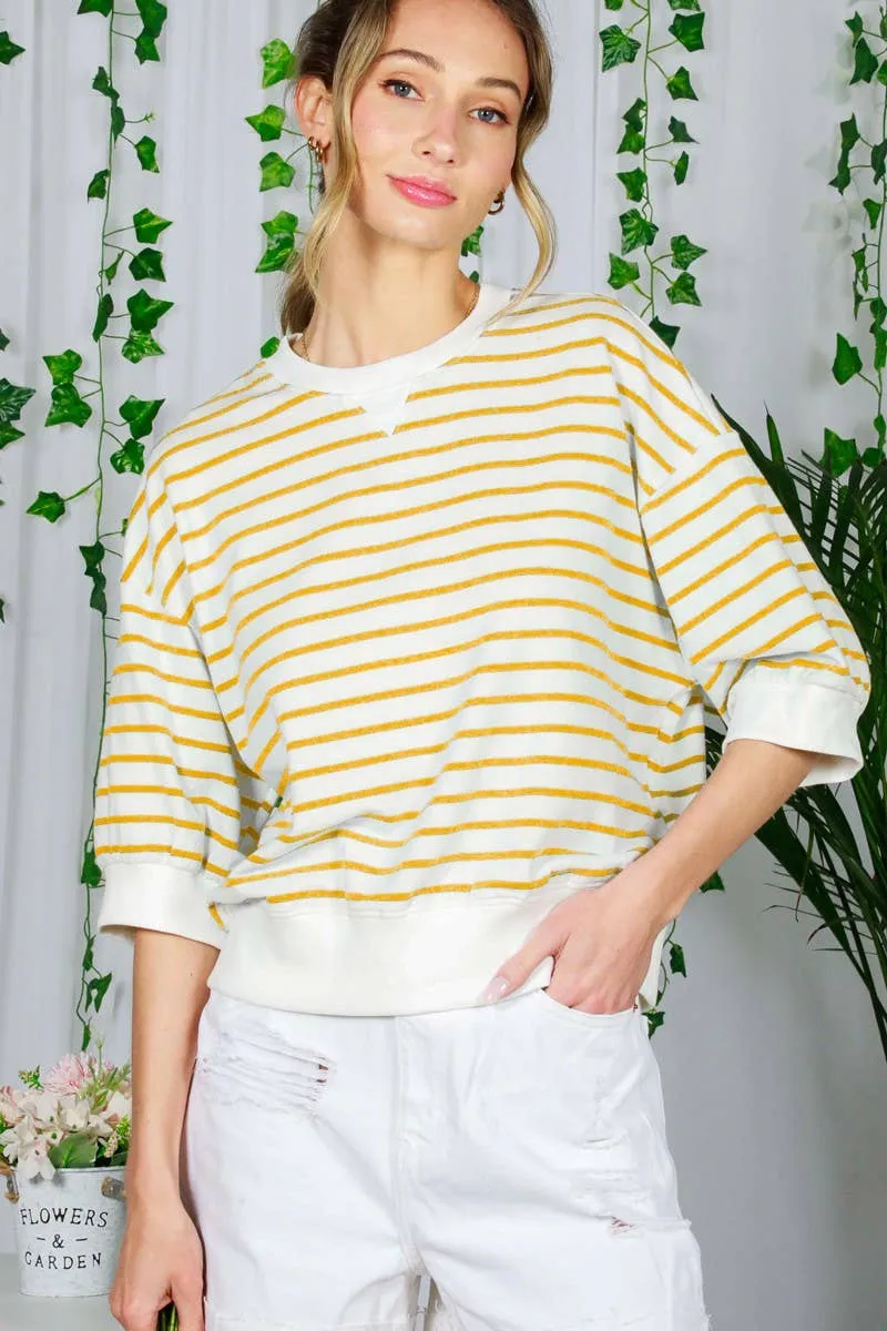 Crew Neck 1/2 Sleeve Cotton Striped Sweatshirt (Mustard / Navy)