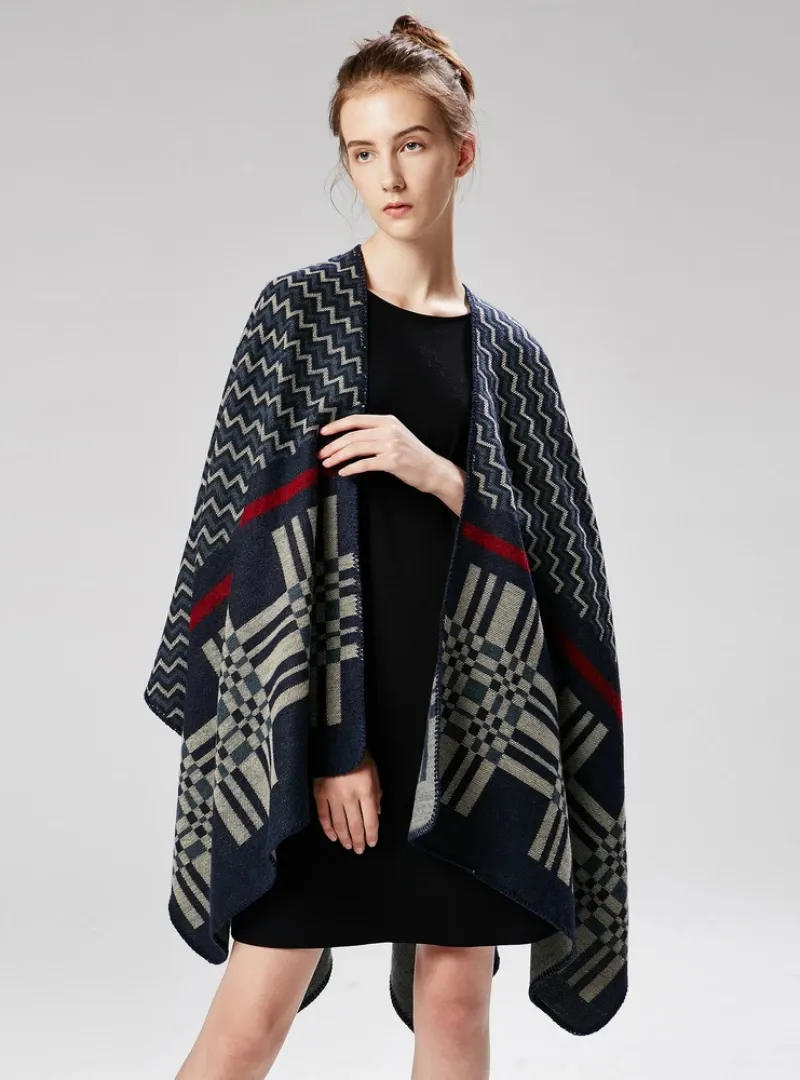 CROSS WAVY GEOMETRY CASHMERE SHAWL CAPE