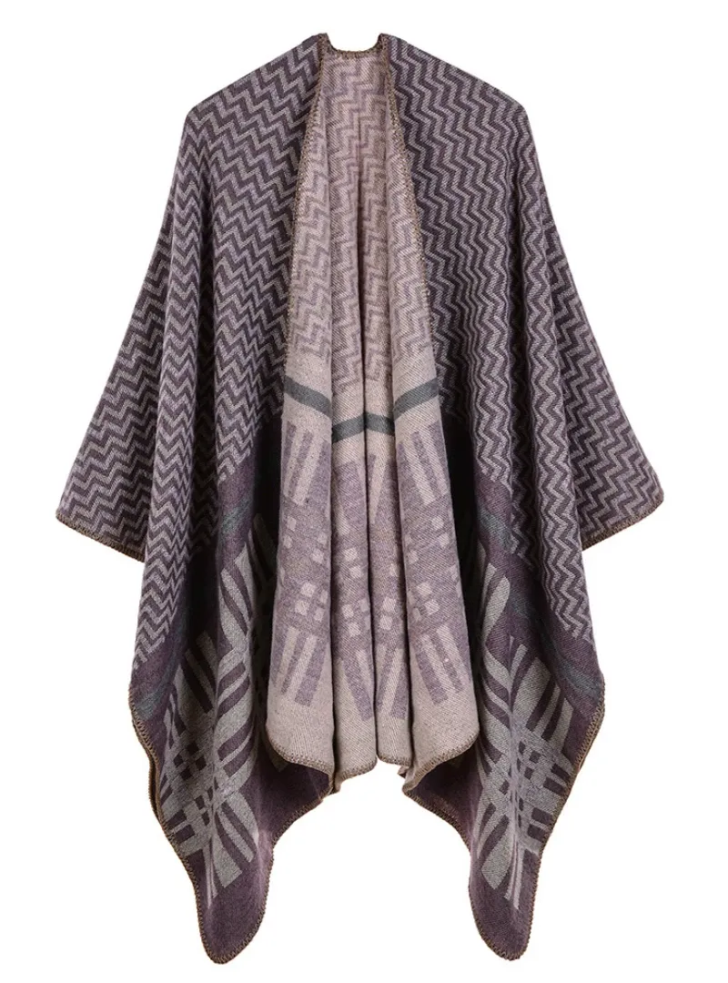 CROSS WAVY GEOMETRY CASHMERE SHAWL CAPE