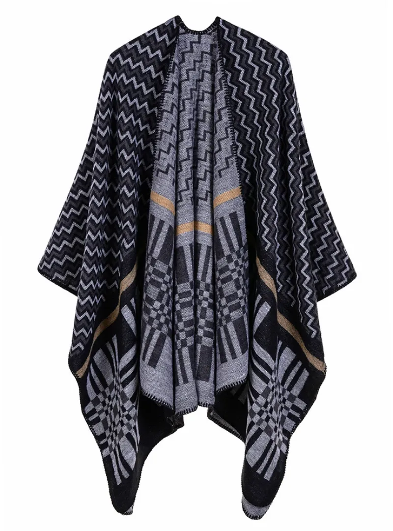 CROSS WAVY GEOMETRY CASHMERE SHAWL CAPE