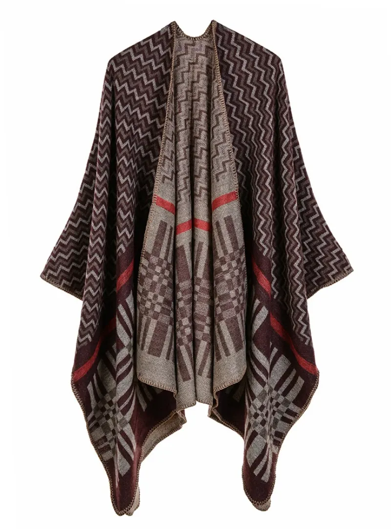 CROSS WAVY GEOMETRY CASHMERE SHAWL CAPE