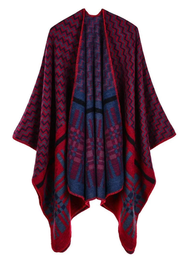 CROSS WAVY GEOMETRY CASHMERE SHAWL CAPE