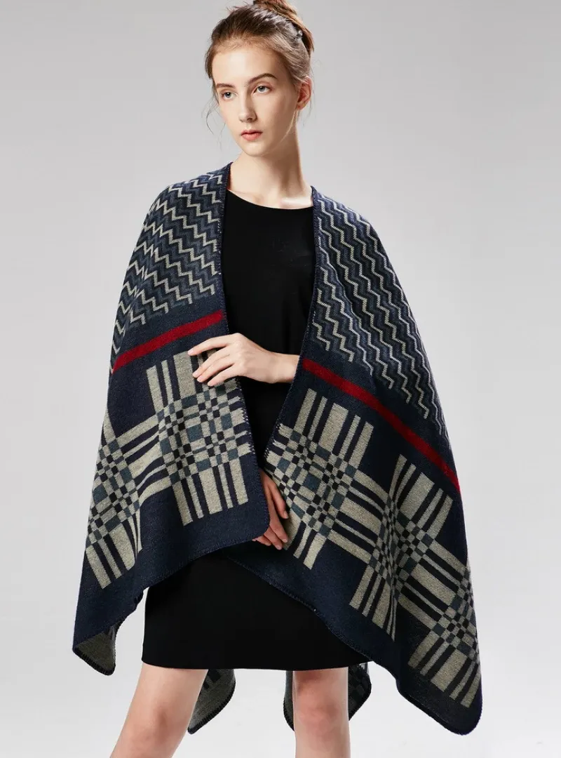 CROSS WAVY GEOMETRY CASHMERE SHAWL CAPE