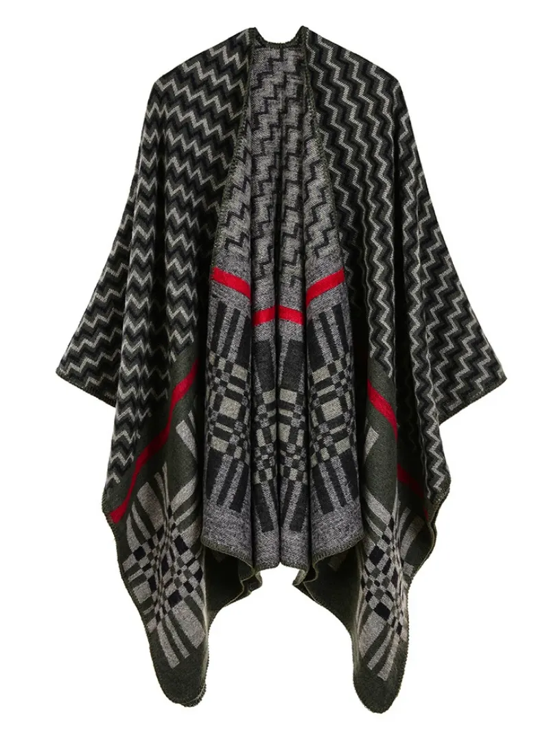 CROSS WAVY GEOMETRY CASHMERE SHAWL CAPE