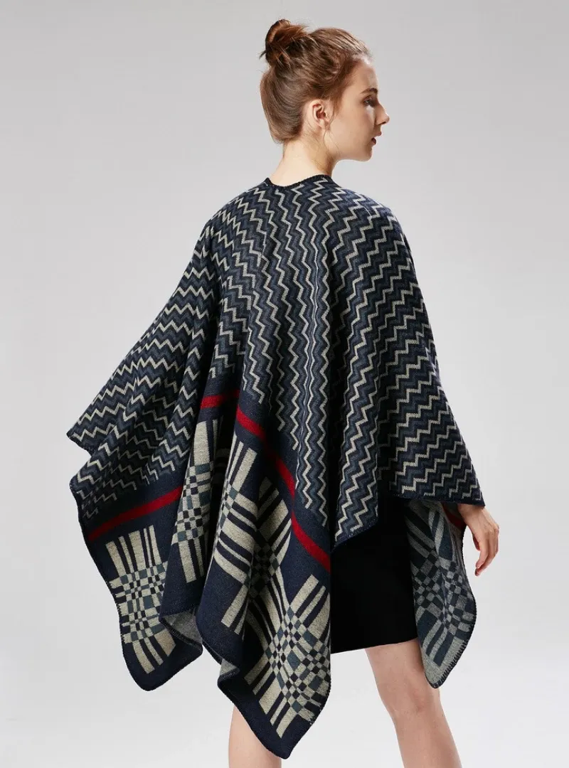 CROSS WAVY GEOMETRY CASHMERE SHAWL CAPE