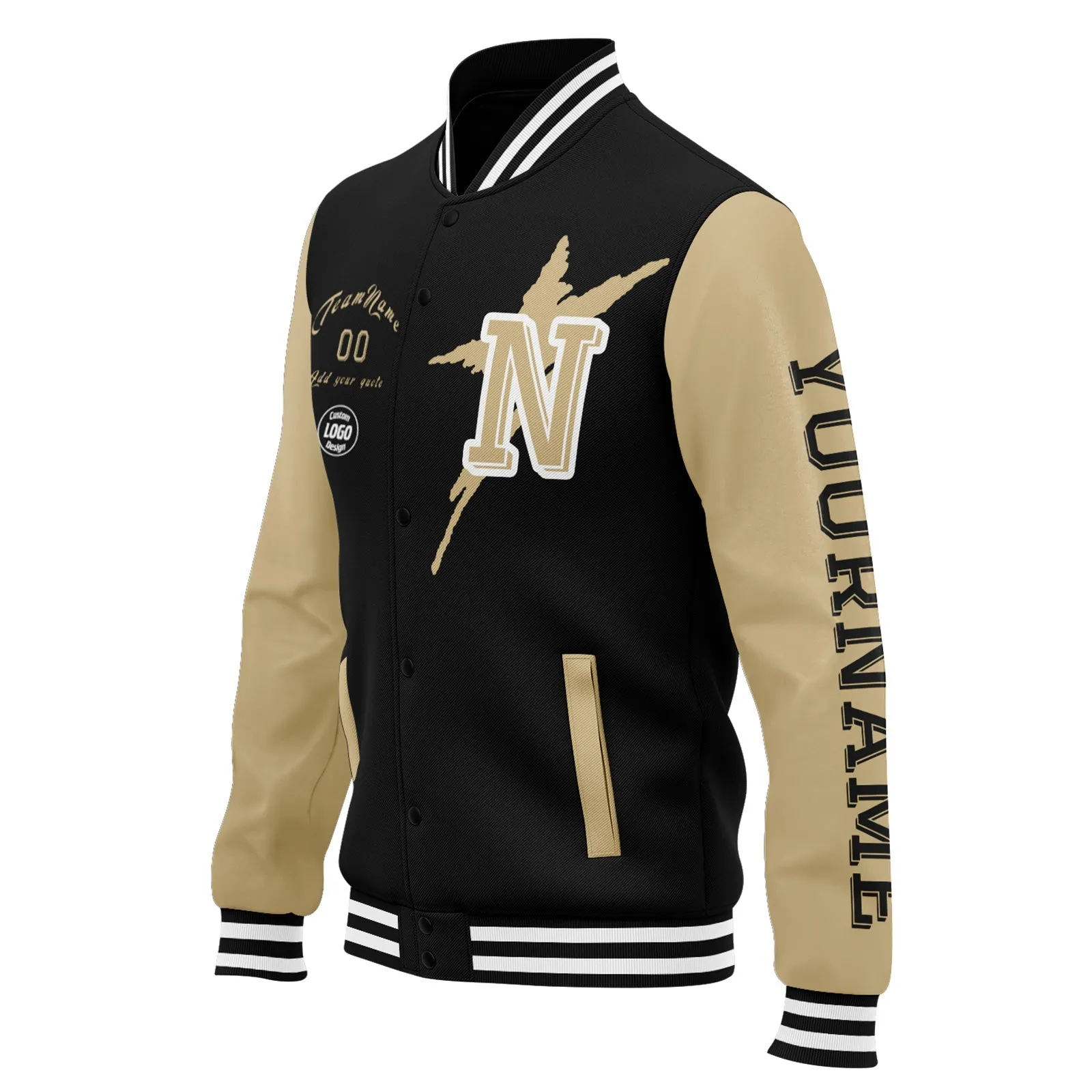 Custom Black Gold New Orleans Jacket Bomber Full-Snap Varsity Letterman Personalized Jacket FZ005SX-D020290-19