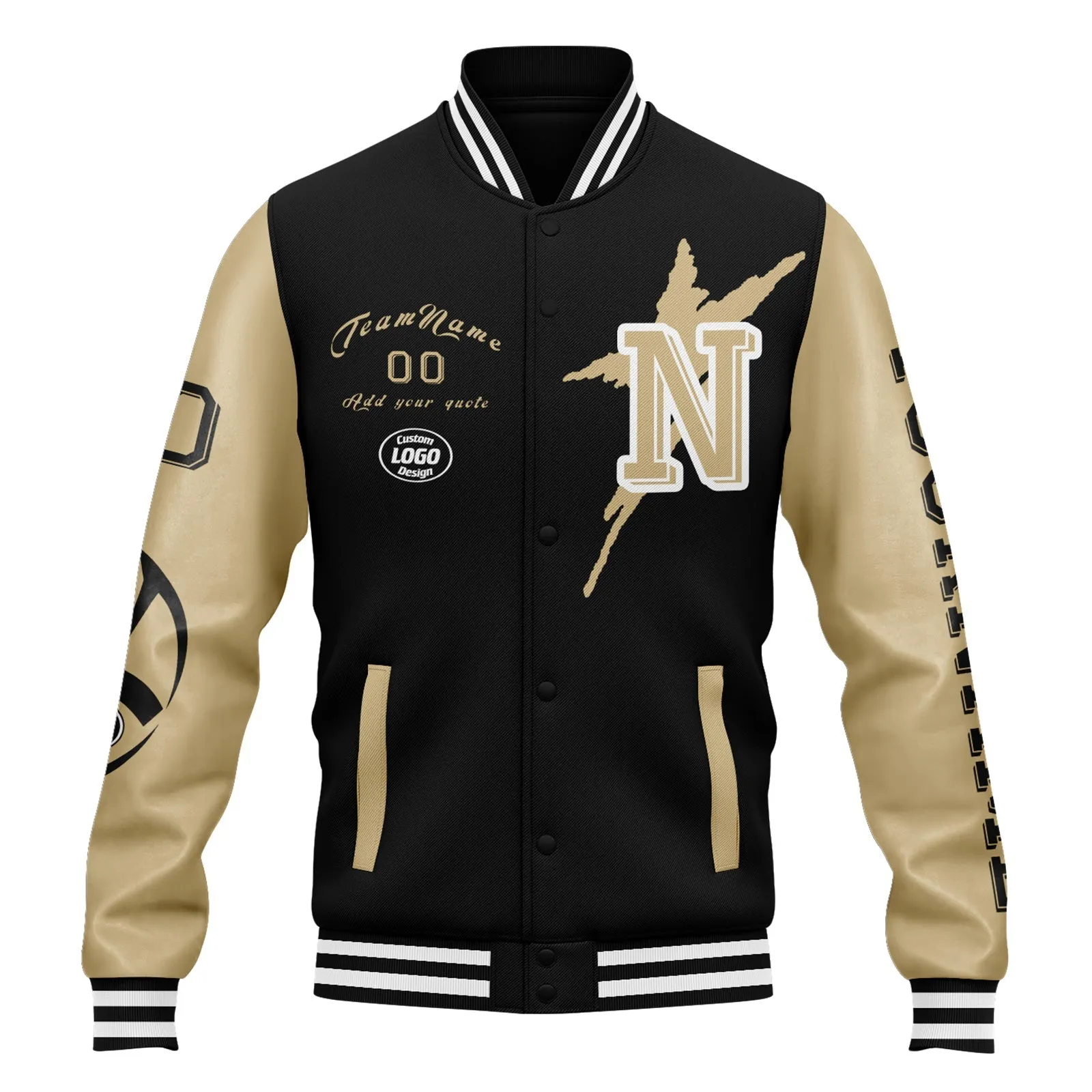 Custom Black Gold New Orleans Jacket Bomber Full-Snap Varsity Letterman Personalized Jacket FZ005SX-D020290-19