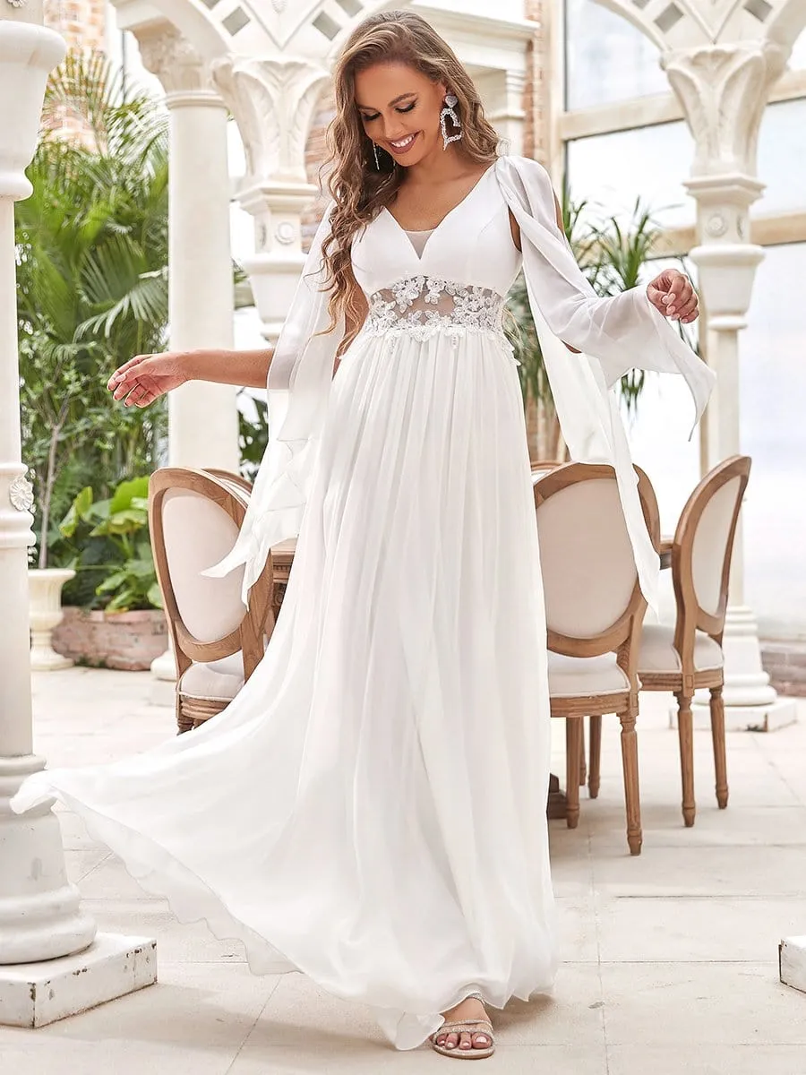 Custom Size Cape Sleeves Lace Floral V-Neck Maxi Wedding Dress