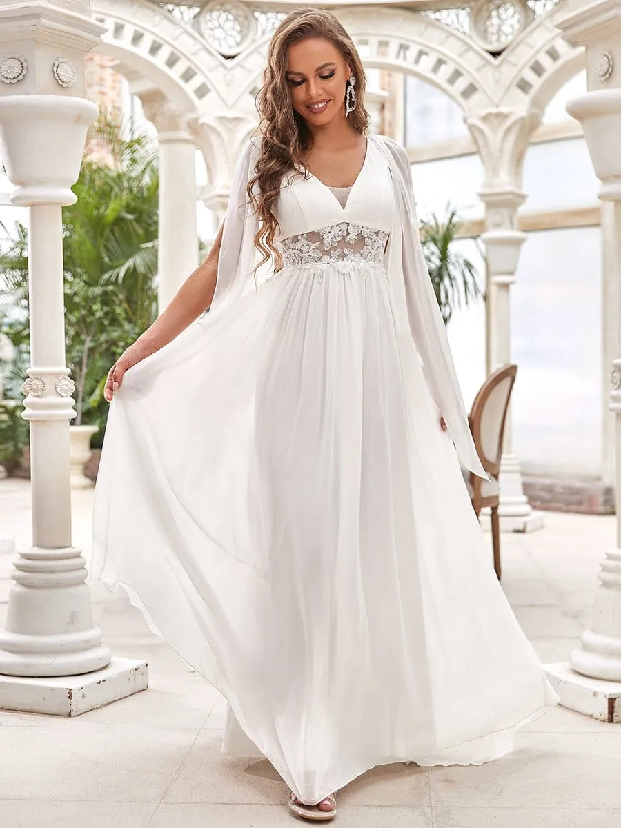 Custom Size Cape Sleeves Lace Floral V-Neck Maxi Wedding Dress