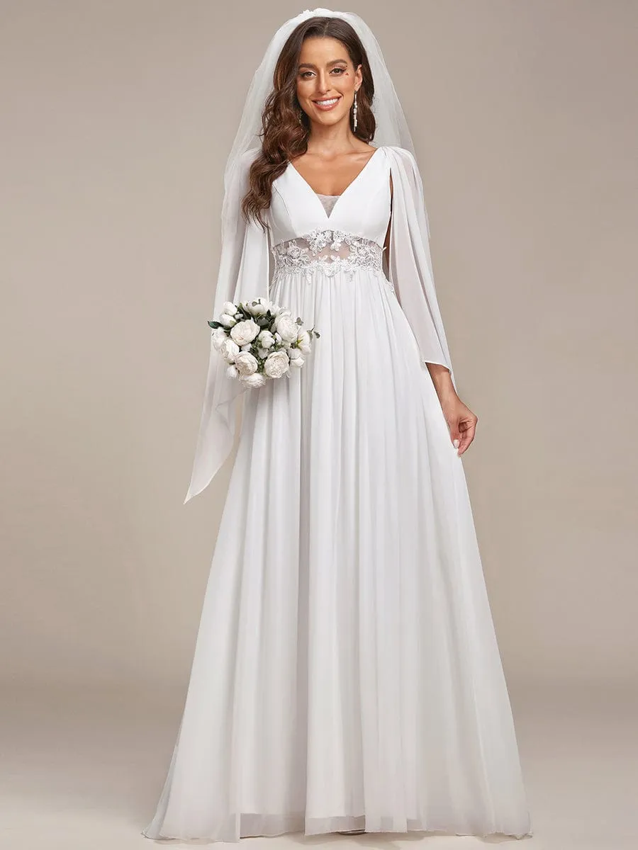 Custom Size Cape Sleeves Lace Floral V-Neck Maxi Wedding Dress