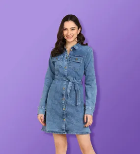 Denim Blue Solid Mini Shirt Dress for Women