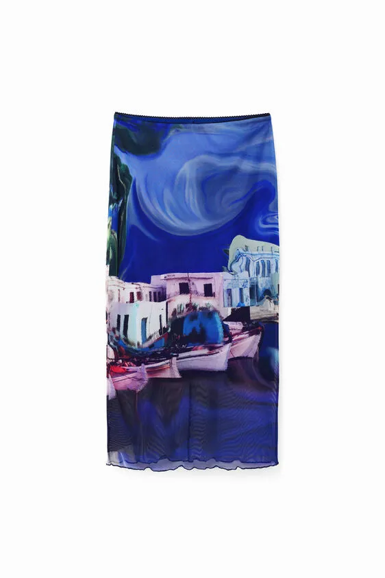 Desigual Christian Lacroix Landscape Print Midi Skirt - Blue