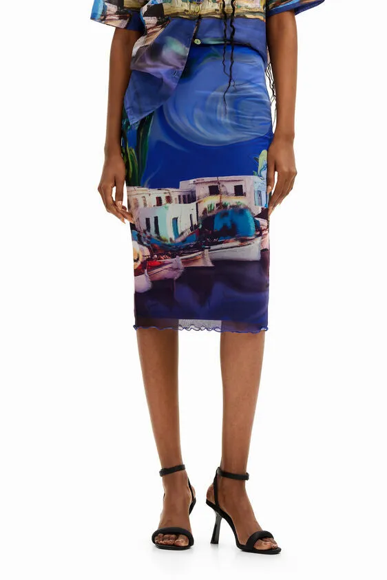 Desigual Christian Lacroix Landscape Print Midi Skirt - Blue