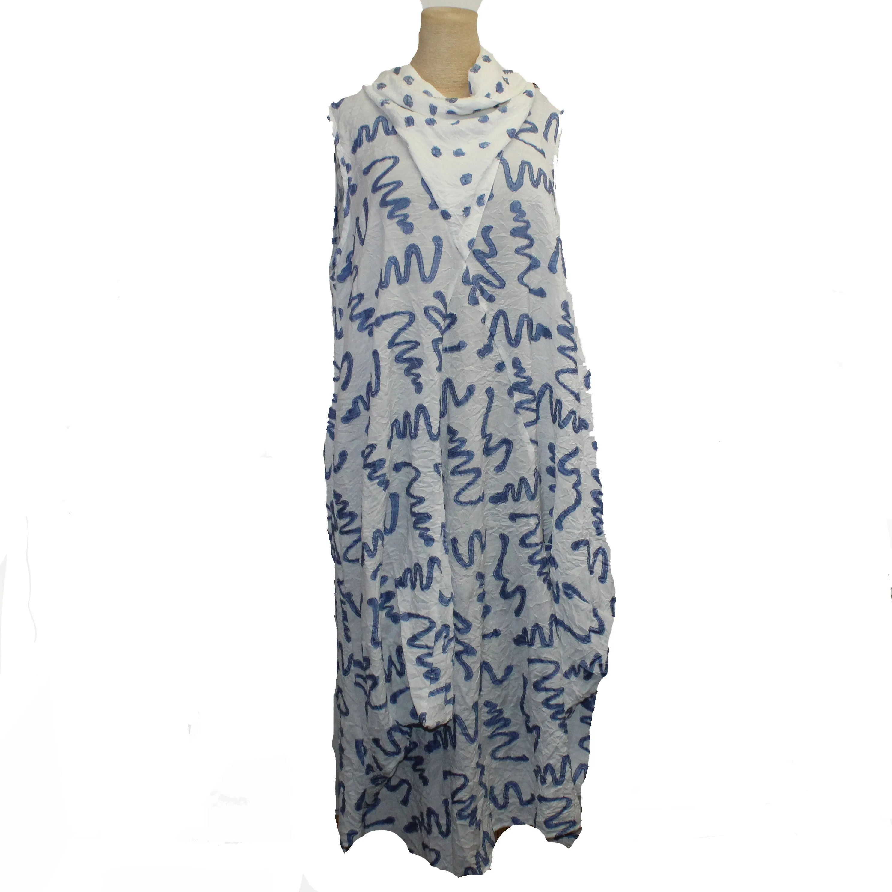 Dress To Kill Dress, Squiggle, White/Sky Blue, Dot Scarf, S/M