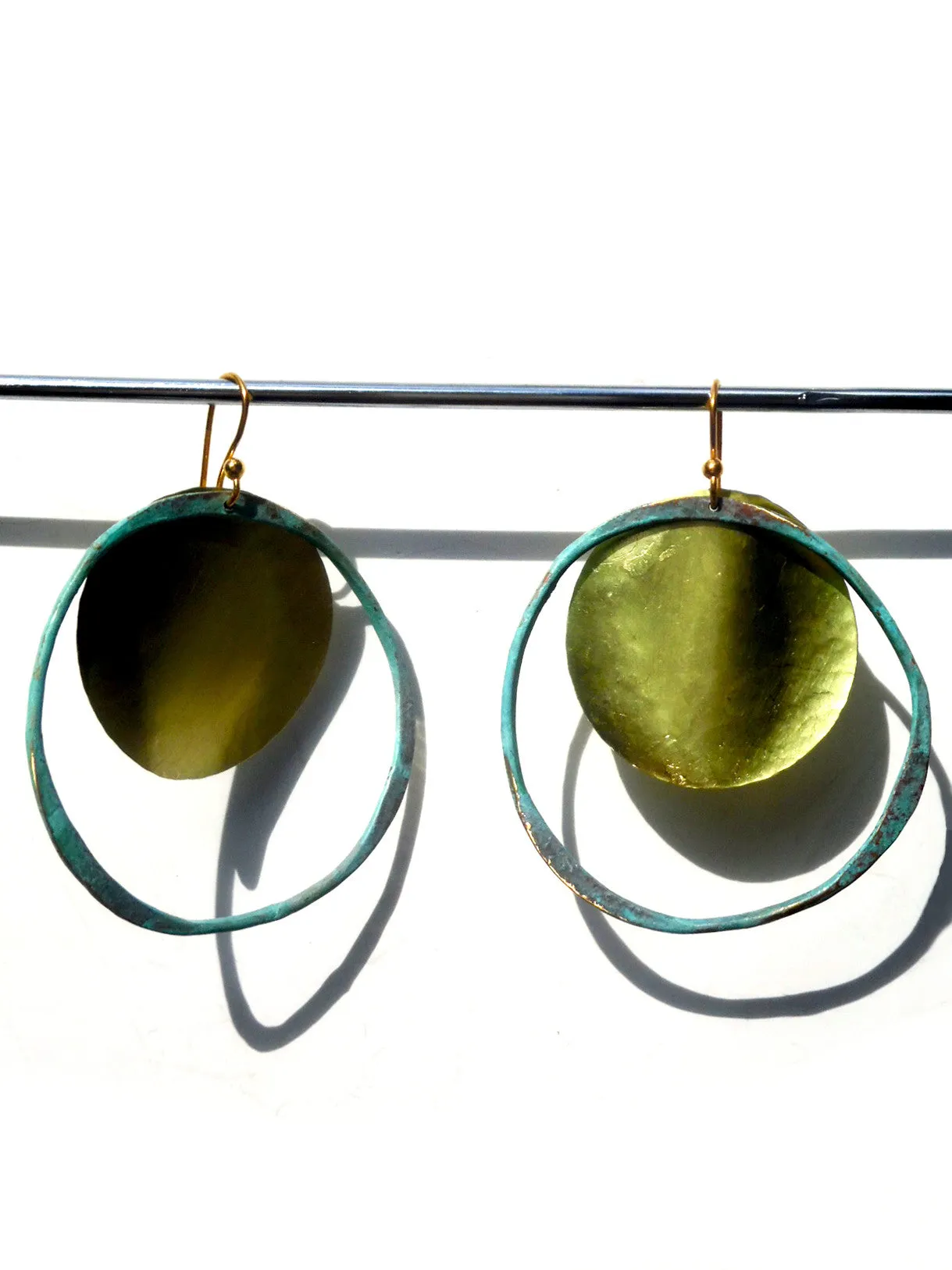 Earrings Hoop And Disc Patina And Gold On Brass