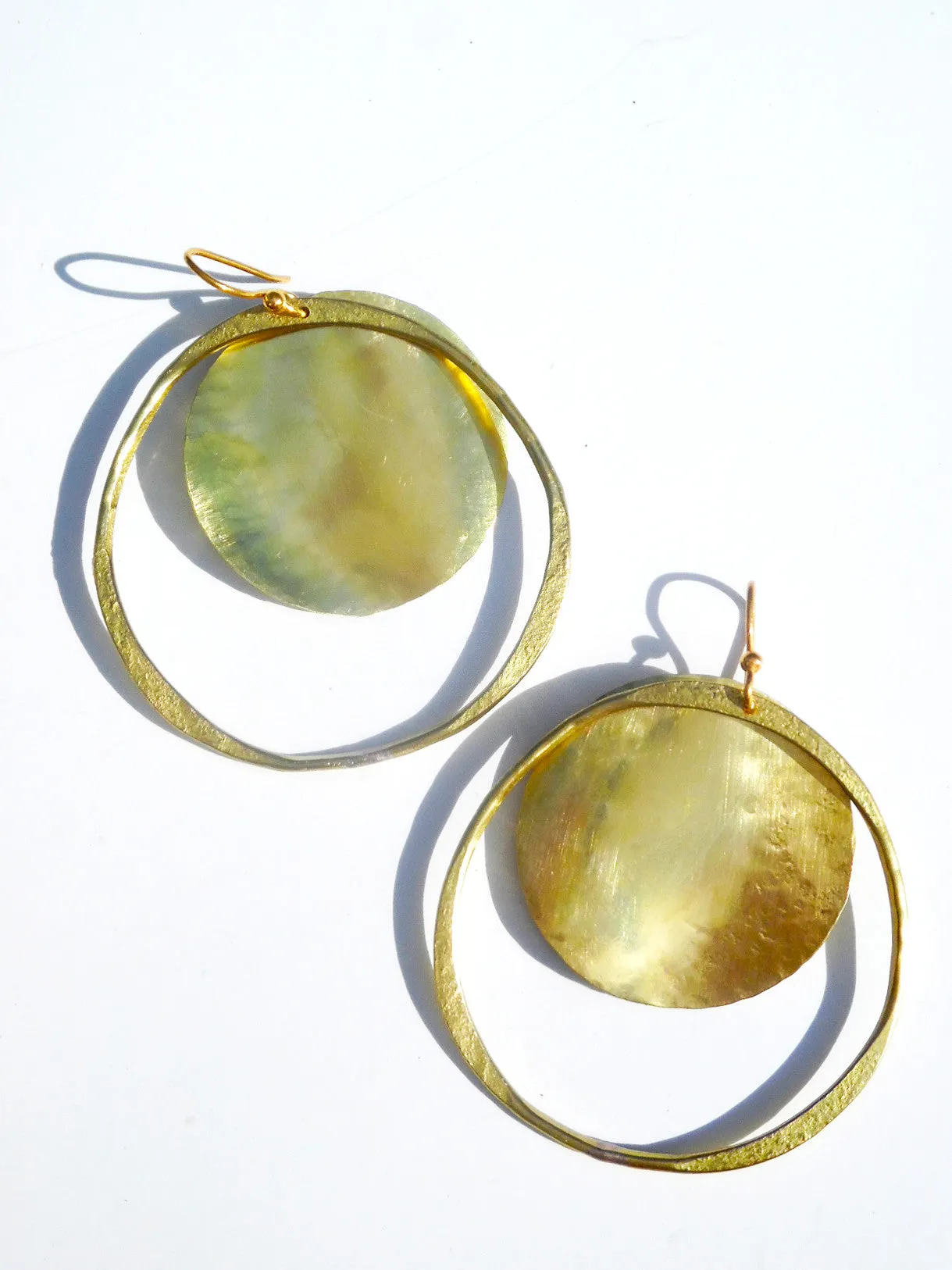 Earrings Hoop And Disc Patina And Gold On Brass