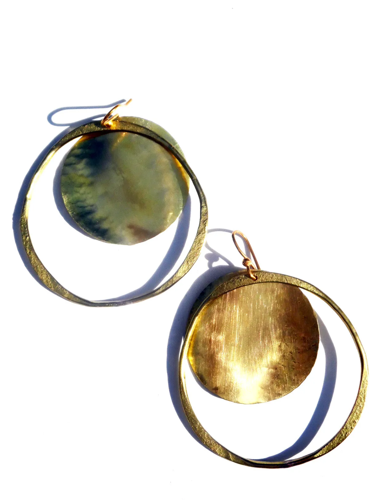 Earrings Hoop And Disc Patina And Gold On Brass