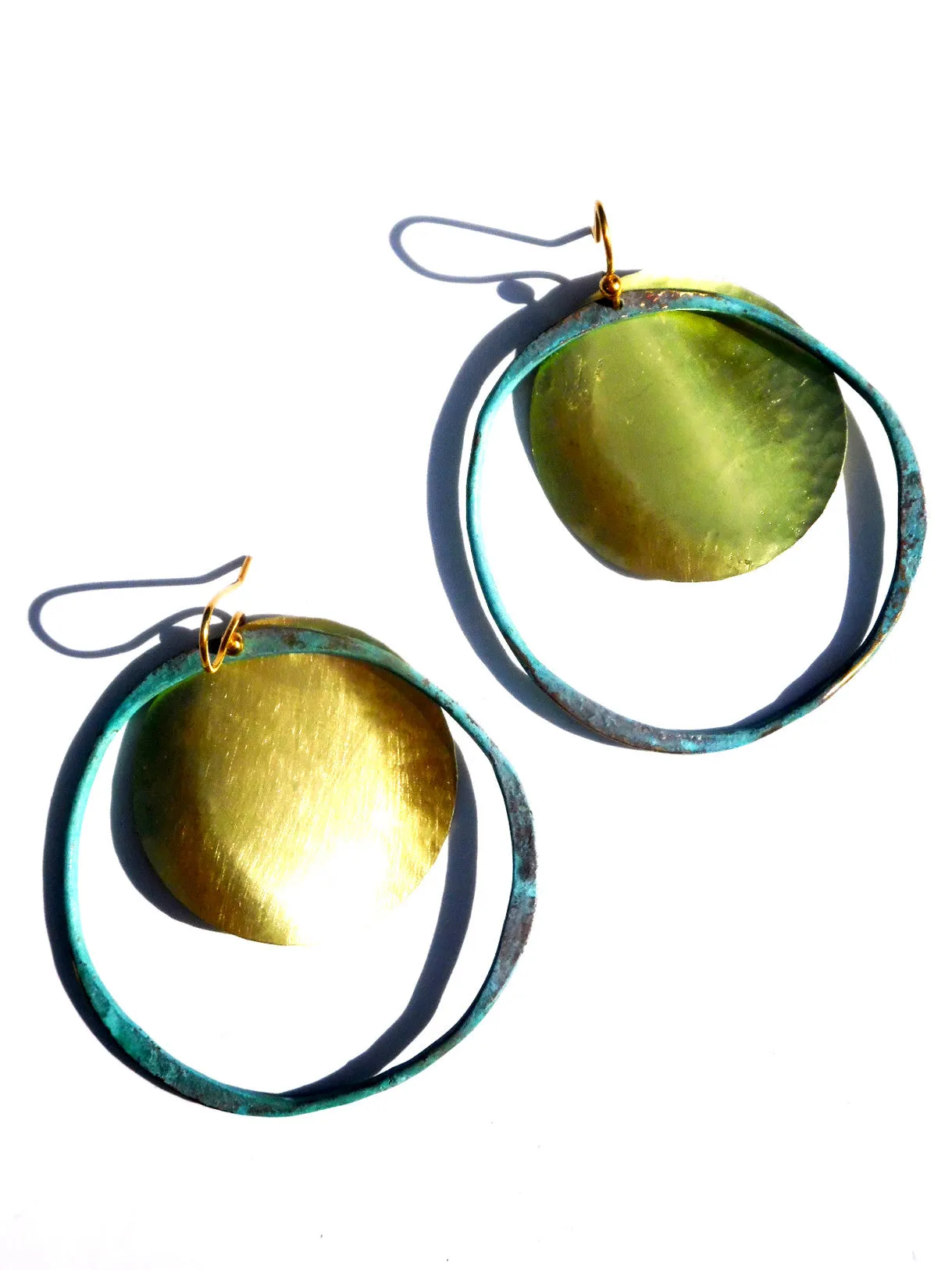 Earrings Hoop And Disc Patina And Gold On Brass