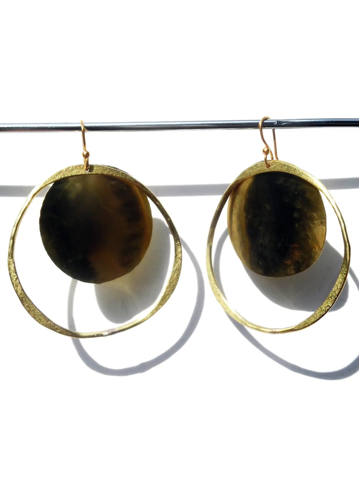 Earrings Hoop And Disc Patina And Gold On Brass