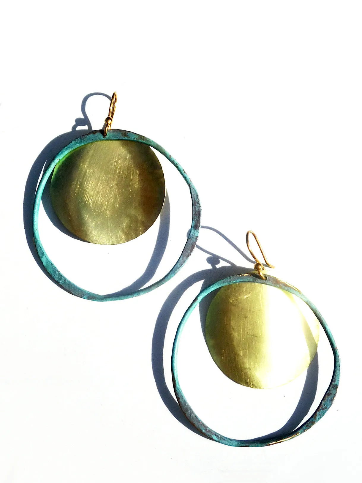 Earrings Hoop And Disc Patina And Gold On Brass