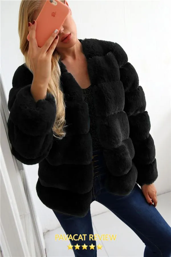 Elegant Thick Fluffy Faux Fur Coat - Pink