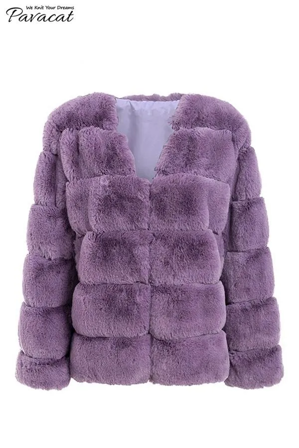 Elegant Thick Fluffy Faux Fur Coat - Pink