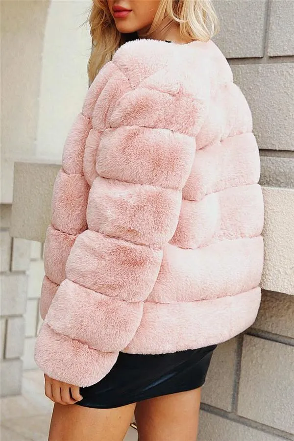 Elegant Thick Fluffy Faux Fur Coat - Pink