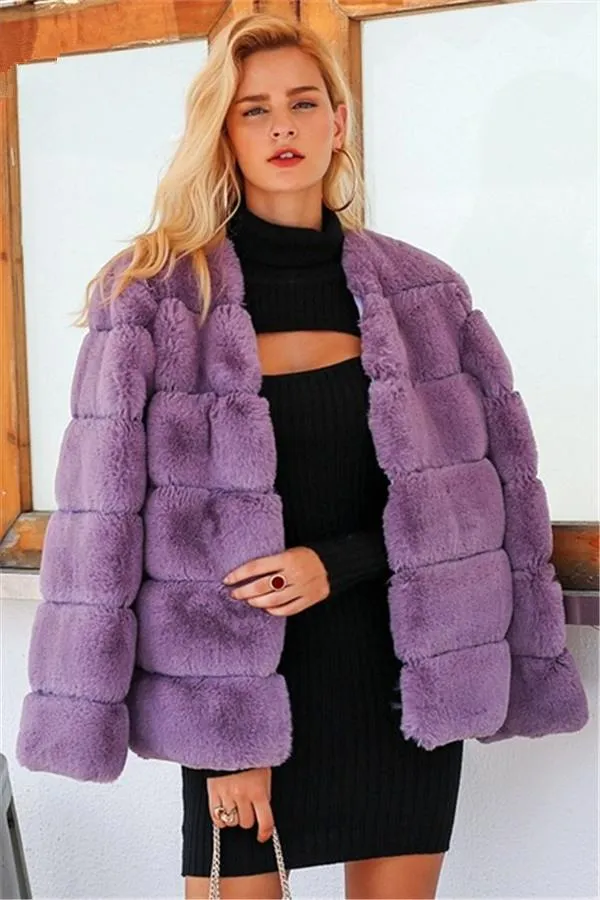 Elegant Thick Fluffy Faux Fur Coat - Pink