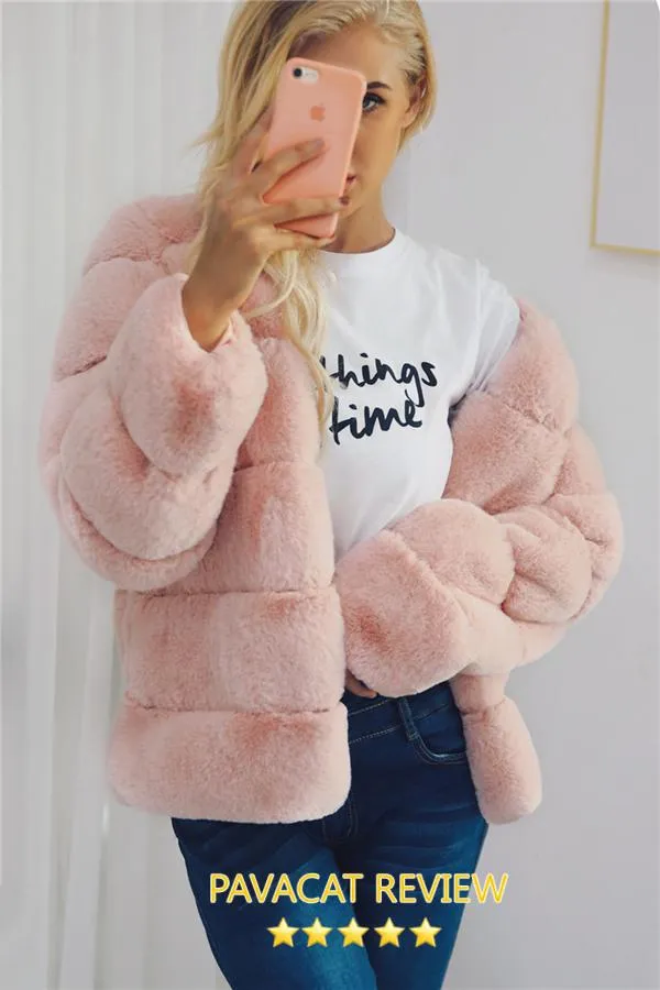 Elegant Thick Fluffy Faux Fur Coat - Pink