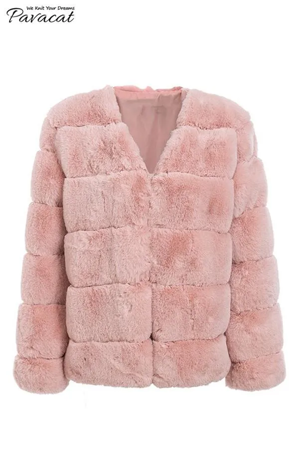 Elegant Thick Fluffy Faux Fur Coat - Pink