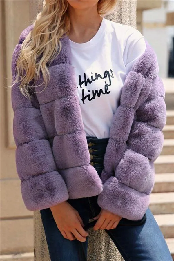 Elegant Thick Fluffy Faux Fur Coat - Pink